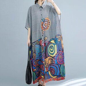 Boho Abstract Printed Oversize Coverup Beach Maxi Dress